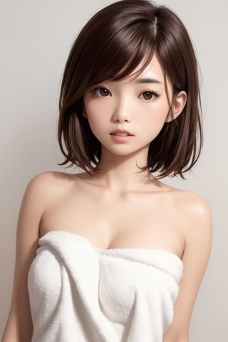 1girl, solo, brown_hair, bare_shoulders, realistic, dress, looking_at_viewer, lips, grey_background, upper_body, ((white_towel)), big breasts, collarbone, simple_background, short_hair, strapless,xxmix_girl