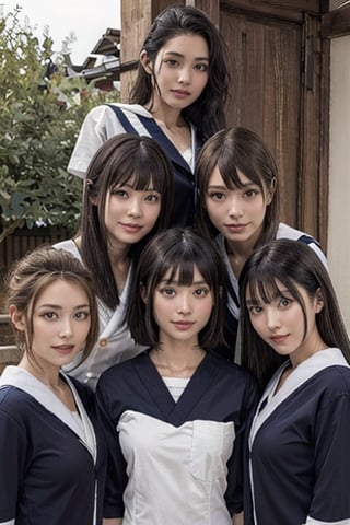 group picture,multiple girls,5girls,beautiful face,looking at viewer ,realistic,(serafuku:1.1) ,(masterpiece, high quality:1.2) ,dark skin