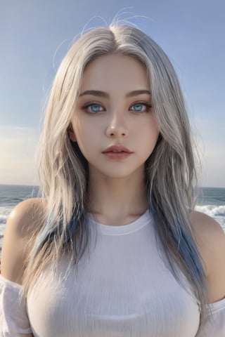 young adult girl, solo, looking at horizon, realistic, 8k, grey hair,long hair, blue eyes, lips, eyelashes, makeup, piercing, portrait, wide hips ,full body, eye focus,raidenshogundef,High detailed ,xxmixgirl,FilmGirl