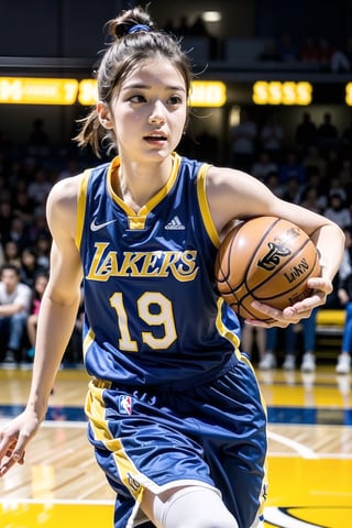 Extremely realistic, best quality, masterpiece, high resolution, high quality, high details, perfect human anatomy, realistic, cute little face and eyes and body and fingers and skin, perfect face and eyes and body and fingers and skin, detailed face plus eyes, body, fingers and skin, 16K, 1 female student, wearing Los Angeles Lakers basketball uniform, on the basketball court, dribbling the basketball with crosser-over, focused expression, professional demeanor,