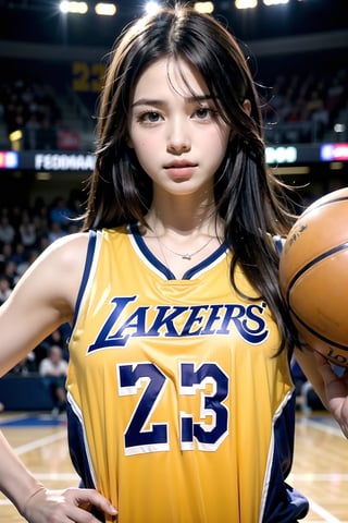 Extremely realistic, best quality, masterpiece, high resolution, high quality, high details, perfect human anatomy, realistic, cute little face and eyes and body and fingers and skin, perfect face and eyes and body and fingers and skin, detailed face plus eyes, body, fingers and skin, 16K, 1 female student, big breasts, wearing Los Angeles Lakers basketball clothes 5 sizes too big (no underwear), on the Lakers basketball court, dribbling a basketball, concentration expression, professional demeanor,