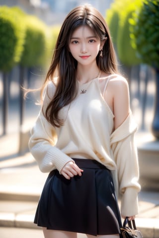 background is Paris,
18 yo, 1 girl, beautiful korean girl,fashion model,
wearing sweater,short skirt(chess pattern),shoulder bag(Louis Vuitton),happy laugh,cloth blowing by wind, solo, {beautiful and detailed eyes}, dark eyes, calm expression, delicate facial features, ((model pose)), Glamor body type, (dark hair:1.2), simple tiny earrings, simple tiny necklace,very_long_hair, hair past hip, bangs, curly hair, flim grain, realhands, masterpiece, Best Quality, 16k, photorealistic, ultra-detailed, finely detailed, high resolution, perfect dynamic composition, beautiful detailed eyes, eye smile, ((nervous and embarrassed)), sharp-focus, full_body, cowboy_shot,3D