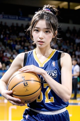 Extremely realistic, best quality, masterpiece, high resolution, high quality, high details, perfect human anatomy, realistic, cute little face and eyes and body and fingers and skin, perfect face and eyes and body and fingers and skin, detailed face plus eyes, body, fingers and skin, 16K, 1 female student, wearing Los Angeles Lakers basketball uniform, on the basketball court, dribbling the basketball with crosser-over, focused expression, professional demeanor,