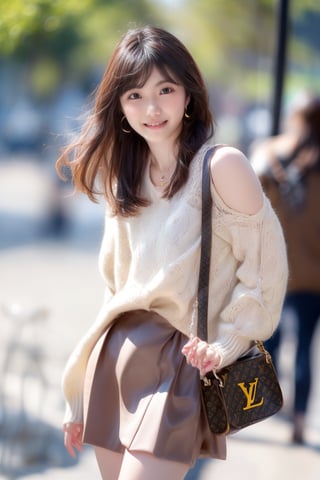 background is Paris,
18 yo, 1 girl, beautiful korean girl,fashion model,
wearing sweater,short skirt(chess pattern),shoulder bag(Louis Vuitton),happy laugh,cloth blowing by wind, solo, {beautiful and detailed eyes}, dark eyes, calm expression, delicate facial features, ((model pose)), Glamor body type, (dark hair:1.2), simple tiny earrings, simple tiny necklace,very_long_hair, hair past hip, bangs, curly hair, flim grain, realhands, masterpiece, Best Quality, 16k, photorealistic, ultra-detailed, finely detailed, high resolution, perfect dynamic composition, beautiful detailed eyes, eye smile, ((nervous and embarrassed)), sharp-focus, full_body, cowboy_shot,3D