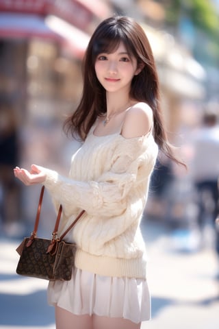 background is Paris,
18 yo, 1 girl, beautiful korean girl,fashion model,
wearing sweater,short skirt(chess pattern),shoulder bag(Louis Vuitton),happy laugh,cloth blowing by wind, solo, {beautiful and detailed eyes}, dark eyes, calm expression, delicate facial features, ((model pose)), Glamor body type, (dark hair:1.2), simple tiny earrings, simple tiny necklace,very_long_hair, hair past hip, bangs, curly hair, flim grain, realhands, masterpiece, Best Quality, 16k, photorealistic, ultra-detailed, finely detailed, high resolution, perfect dynamic composition, beautiful detailed eyes, eye smile, ((nervous and embarrassed)), sharp-focus, full_body, cowboy_shot,3D