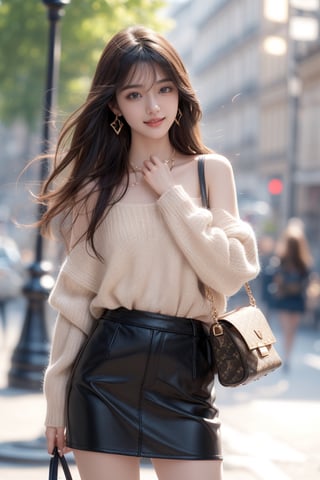 background is Paris,
18 yo, 1 girl, beautiful korean girl,fashion model,
wearing sweater,short skirt(chess pattern),shoulder bag(Louis Vuitton),happy laugh,cloth blowing by wind, solo, {beautiful and detailed eyes}, dark eyes, calm expression, delicate facial features, ((model pose)), Glamor body type, (dark hair:1.2), simple tiny earrings, simple tiny necklace,very_long_hair, hair past hip, bangs, curly hair, flim grain, realhands, masterpiece, Best Quality, 16k, photorealistic, ultra-detailed, finely detailed, high resolution, perfect dynamic composition, beautiful detailed eyes, eye smile, ((nervous and embarrassed)), sharp-focus, full_body, cowboy_shot,3D