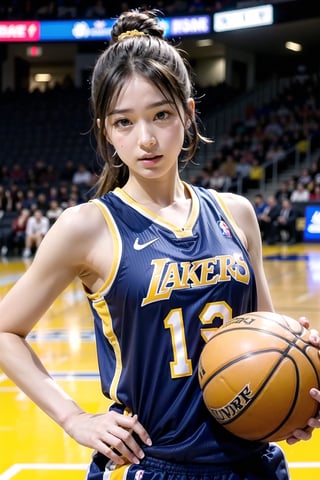 Extremely realistic, best quality, masterpiece, high resolution, high quality, high details, perfect human anatomy, realistic, cute little face and eyes and body and fingers and skin, perfect face and eyes and body and fingers and skin, detailed face plus eyes, body, fingers and skin, 16K, 1 female student, big breasts, wearing Los Angeles Lakers basketball clothes 5 sizes too big (no underwear), on the Lakers basketball court, dribbling a basketball, concentration expression, professional demeanor,