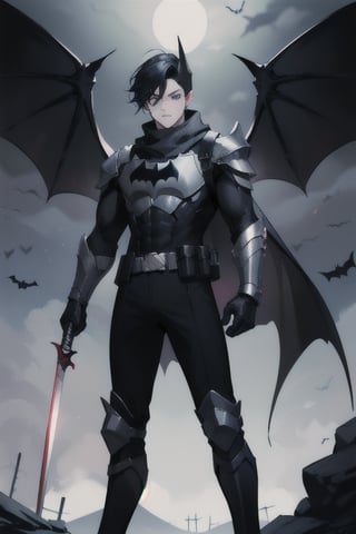 The animated version of Batman that belongs to the movie "Justice League x RWBY: Super Heroes & Huntsmen - Part 1" (He has black hair, dark blue eyes, black pants, gray boots with metal armor along them up to the knees, a gray breastplate with a black bat symbol on the chest and underneath, a black long-sleeved t-shirt, black metal bat-shaped shoulder pads, gray armbands with 3 side blades on the sides, black gloves, a gray scarf, a gray utility belt, 2 rapier type swords and the age of 17), where Batman/Bruce Wayne is a "Bat Faunus" (Human being with two huge black bat wings emerging from his back), in a landscape night with bats flying around.