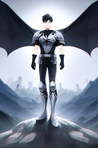 The animated version of Batman that belongs to the movie "Justice League x RWBY: Super Heroes & Huntsmen - Part 1" (He does have black hair, dark blue eyes, black pants, gray boots, gray metal knee pads, a gray breastplate with a black bat symbol on the front and underneath, a black long-sleeved t-shirt, black metal bat-shaped shoulder pads, gray armbands with 3 side blades on the sides, gloves blacks, a gray scarf, a gray utility belt and the age of 17), where Batman/Bruce Wayne is a "Bat Faunus" (Human being with two oversized black bat wings emerging from his back), in a landscape night with bats flying around.