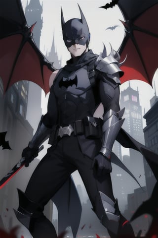 The animated version of Batman that belongs to the movie "Justice League x RWBY: Super Heroes & Huntsmen - Part 1" (He has black hair, dark blue eyes, black pants, gray boots with metal armor along them up to the knees, a gray breastplate with a black bat symbol on the chest and underneath, a black long-sleeved t-shirt, black metal bat-shaped shoulder pads, gray armbands with 3 side blades on the sides, black gloves, a gray scarf, a gray utility belt, 2 rapier type swords and the age of 17), where Batman/Bruce Wayne is a "Bat Faunus" (Human being with two huge black bat wings emerging from his back), in a landscape night with bats flying around.