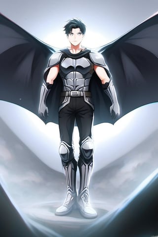 The animated version of Batman that belongs to the movie "Justice League x RWBY: Super Heroes & Huntsmen - Part 1" (He does have black hair, dark blue eyes, black pants, gray boots, gray metal knee pads, a gray breastplate with a black bat symbol on the front and underneath, a black long-sleeved t-shirt, black metal bat-shaped shoulder pads, gray armbands with 3 side blades on the sides, gloves blacks, a gray scarf, a gray utility belt and the age of 17), where Batman/Bruce Wayne is a "Bat Faunus" (Human being with two oversized black bat wings emerging from his back), in a landscape night with bats flying around.