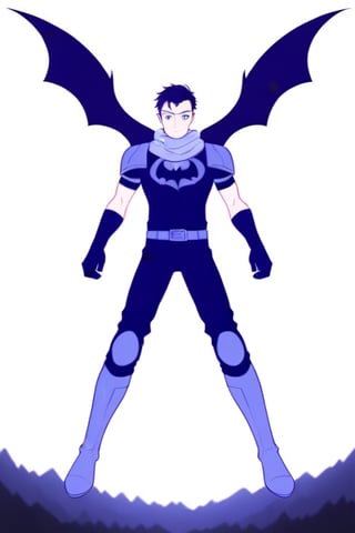 The animated version of Batman that belongs to the movie "Justice League x RWBY: Super Heroes & Huntsmen - Part 1" (He does have black hair, dark blue eyes, black pants, gray boots, gray metal knee pads, a gray breastplate with a black bat symbol on the front and underneath, a black long-sleeved t-shirt, black metal bat-shaped shoulder pads, gray armbands with 3 side blades on the sides, gloves blacks, a gray scarf, a gray utility belt and the age of 17), where Batman/Bruce Wayne is a "Bat Faunus" (Human being with two oversized black bat wings emerging from his back), in a landscape night with bats flying around..