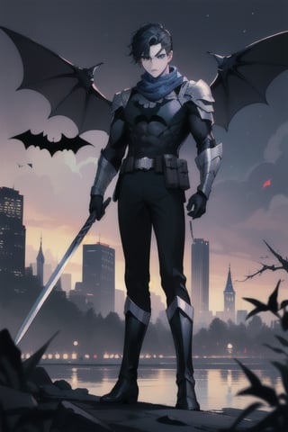 The animated version of Batman that belongs to the movie "Justice League x RWBY: Super Heroes & Huntsmen - Part 1" (He has black hair, dark blue eyes, black pants, gray boots with metal armor along them up to the knees, a gray breastplate with a black bat symbol on the chest and underneath, a black long-sleeved t-shirt, black metal bat-shaped shoulder pads, gray armbands with 3 side blades on the sides, black gloves, a gray scarf, a gray utility belt, 2 rapier type swords and the age of 17), where Batman/Bruce Wayne is a "Bat Faunus" (Human being with two huge black bat wings emerging from his back), in a landscape night with bats flying around.