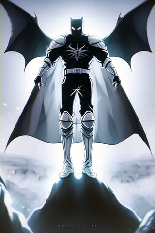 The animated version of Batman that belongs to the movie "Justice League x RWBY: Super Heroes & Huntsmen - Part 1" (He does have black hair, dark blue eyes, black pants, gray boots, gray metal knee pads, a gray breastplate with a black bat symbol on the front and underneath, a black long-sleeved t-shirt, black metal bat-shaped shoulder pads, gray armbands with 3 side blades on the sides, gloves blacks, a gray scarf, a gray utility belt and the age of 17), where Batman/Bruce Wayne is a "Bat Faunus" (Human being with two oversized black bat wings emerging from his back), in a landscape night with bats flying around.