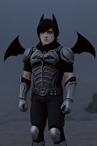 The animated version of Batman that belongs to the movie "Justice League x RWBY: Super Heroes & Huntsmen - Part 1" (He does have black hair, dark blue eyes, black pants, gray boots, gray metal knee pads, a gray breastplate with a black bat symbol on the front and underneath, a black long-sleeved t-shirt, black metal bat-shaped shoulder pads, gray armbands with 3 side blades on the sides, gloves blacks, a gray scarf, a gray utility belt and the age of 17), where Batman/Bruce Wayne is a "Bat Faunus" (Human being with two oversized black bat wings emerging from his back), in a landscape night.,Movie Still