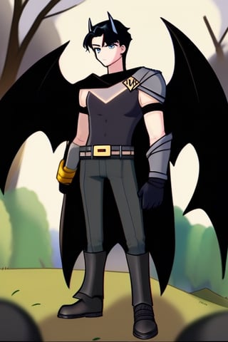 The animated version of Batman that belongs to the movie "Justice League x RWBY: Super Heroes & Huntsmen - Part 1" (He does have black hair, dark blue eyes, black pants, gray boots, gray metal knee pads, a gray breastplate with a black bat symbol on the front and underneath, a black long-sleeved t-shirt, black metal bat-shaped shoulder pads, gray armbands with 3 side blades on the sides, gloves blacks, a gray scarf, a gray utility belt and the age of 17), where Batman/Bruce Wayne is a "Bat Faunus" (Human being with two oversized black bat wings emerging from his back), in a landscape night.