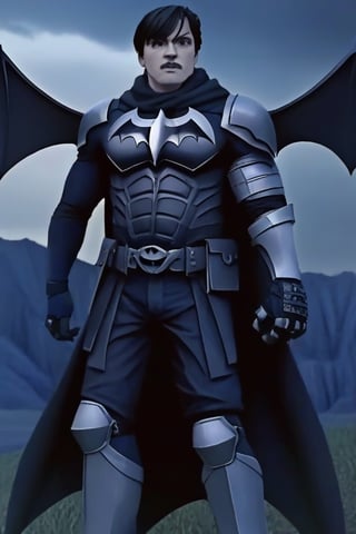 The animated version of Batman that belongs to the movie "Justice League x RWBY: Super Heroes & Huntsmen - Part 1" (He does have black hair, dark blue eyes, black pants, gray boots, gray metal knee pads, a gray breastplate with a black bat symbol on the front and underneath, a black long-sleeved t-shirt, black metal bat-shaped shoulder pads, gray armbands with 3 side blades on the sides, gloves blacks, a gray scarf, a gray utility belt and the age of 17), where Batman/Bruce Wayne is a "Bat Faunus" (Human being with two oversized black bat wings emerging from his back), in a landscape night.