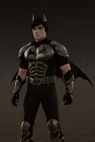 The animated version of Batman that belongs to the movie "Justice League x RWBY: Super Heroes & Huntsmen - Part 1" (He does have black hair, dark blue eyes, black pants, gray boots, gray metal knee pads, a gray breastplate with a black bat symbol on the front and underneath, a black long-sleeved t-shirt, black metal bat-shaped shoulder pads, gray armbands with 3 side blades on the sides, gloves blacks, a gray scarf, a gray utility belt and the age of 17), where Batman/Bruce Wayne is a "Bat Faunus" (Human being with two oversized black bat wings emerging from his back), in a landscape night.,Movie Still