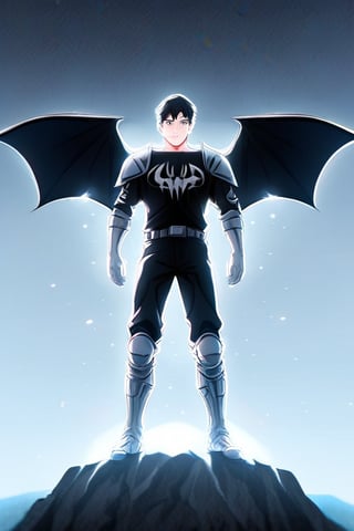 The animated version of Batman that belongs to the movie "Justice League x RWBY: Super Heroes & Huntsmen - Part 1" (He does have black hair, dark blue eyes, black pants, gray boots, gray metal knee pads, a gray breastplate with a black bat symbol on the front and underneath, a black long-sleeved t-shirt, black metal bat-shaped shoulder pads, gray armbands with 3 side blades on the sides, gloves blacks, a gray scarf, a gray utility belt and the age of 17), where Batman/Bruce Wayne is a "Bat Faunus" (Human being with two oversized black bat wings emerging from his back), in a landscape night with bats flying around,