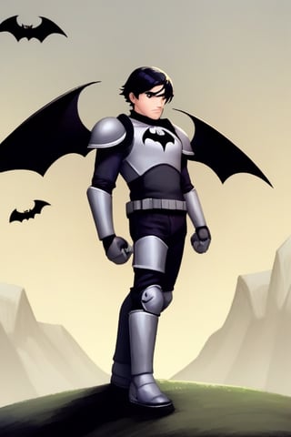 The animated version of Batman that belongs to the movie "Justice League x RWBY: Super Heroes & Huntsmen - Part 1" (He does have black hair, dark blue eyes, black pants, gray boots, gray metal knee pads, a gray breastplate with a black bat symbol on the front and underneath, a black long-sleeved t-shirt, black metal bat-shaped shoulder pads, gray armbands with 3 side blades on the sides, gloves blacks, a gray scarf, a gray utility belt and the age of 17), where Batman/Bruce Wayne is a "Bat Faunus" (Human being with two oversized black bat wings emerging from his back), in a landscape night.