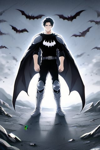 The animated version of Batman that belongs to the movie "Justice League x RWBY: Super Heroes & Huntsmen - Part 1" (He does have black hair, dark blue eyes, black pants, gray boots, gray metal knee pads, a gray breastplate with a black bat symbol on the front and underneath, a black long-sleeved t-shirt, black metal bat-shaped shoulder pads, gray armbands with 3 side blades on the sides, gloves blacks, a gray scarf, a gray utility belt and the age of 17), where Batman/Bruce Wayne is a "Bat Faunus" (Human being with two oversized black bat wings emerging from his back), in a landscape night with bats flying around.