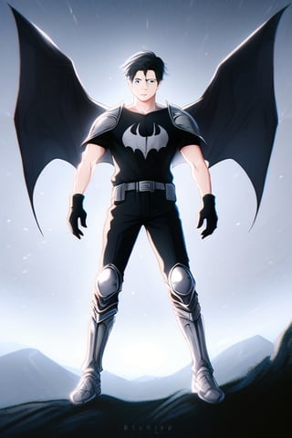 The animated version of Batman that belongs to the movie "Justice League x RWBY: Super Heroes & Huntsmen - Part 1" (He does have black hair, dark blue eyes, black pants, gray boots, gray metal knee pads, a gray breastplate with a black bat symbol on the front and underneath, a black long-sleeved t-shirt, black metal bat-shaped shoulder pads, gray armbands with 3 side blades on the sides, gloves blacks, a gray scarf, a gray utility belt and the age of 17), where Batman/Bruce Wayne is a "Bat Faunus" (Human being with two oversized black bat wings emerging from his back), in a landscape night with bats flying around,