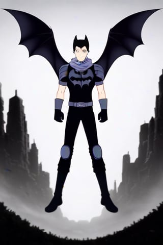 The animated version of Batman that belongs to the movie "Justice League x RWBY: Super Heroes & Huntsmen - Part 1" (He does have black hair, dark blue eyes, black pants, gray boots, gray metal knee pads, a gray breastplate with a black bat symbol on the front and underneath, a black long-sleeved t-shirt, black metal bat-shaped shoulder pads, gray armbands with 3 side blades on the sides, gloves blacks, a gray scarf, a gray utility belt and the age of 17), where Batman/Bruce Wayne is a "Bat Faunus" (Human being with two oversized black bat wings emerging from his back), in a landscape night with bats flying around..