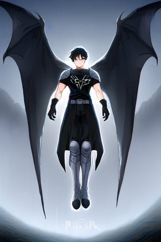 The animated version of Batman that belongs to the movie "Justice League x RWBY: Super Heroes & Huntsmen - Part 1" (He does have black hair, dark blue eyes, black pants, gray boots, gray metal knee pads, a gray breastplate with a black bat symbol on the front and underneath, a black long-sleeved t-shirt, black metal bat-shaped shoulder pads, gray armbands with 3 side blades on the sides, gloves blacks, a gray scarf, a gray utility belt and the age of 17), where Batman/Bruce Wayne is a "Bat Faunus" (Human being with two oversized black bat wings emerging from his back), in a landscape night with bats flying around.