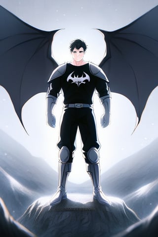 The animated version of Batman that belongs to the movie "Justice League x RWBY: Super Heroes & Huntsmen - Part 1" (He does have black hair, dark blue eyes, black pants, gray boots, gray metal knee pads, a gray breastplate with a black bat symbol on the front and underneath, a black long-sleeved t-shirt, black metal bat-shaped shoulder pads, gray armbands with 3 side blades on the sides, gloves blacks, a gray scarf, a gray utility belt and the age of 17), where Batman/Bruce Wayne is a "Bat Faunus" (Human being with two oversized black bat wings emerging from his back), in a landscape night with bats flying around.