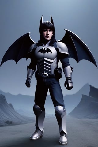 The animated version of Batman that belongs to the movie "Justice League x RWBY: Super Heroes & Huntsmen - Part 1" (He does have black hair, dark blue eyes, black pants, gray boots, gray metal knee pads, a gray breastplate with a black bat symbol on the front and underneath, a black long-sleeved t-shirt, black metal bat-shaped shoulder pads, gray armbands with 3 side blades on the sides, gloves blacks, a gray scarf, a gray utility belt and the age of 17), where Batman/Bruce Wayne is a "Bat Faunus" (Human being with two oversized black bat wings emerging from his back), in a landscape night.