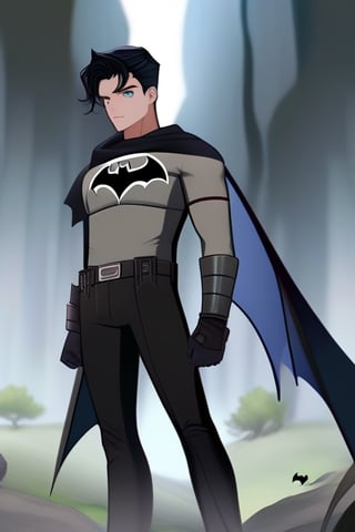 The animated version of Batman that belongs to the movie "Justice League x RWBY: Super Heroes & Huntsmen - Part 1" (He does have black hair, dark blue eyes, black pants, gray boots, gray metal knee pads, a gray breastplate with a black bat symbol on the front and underneath, a black long-sleeved t-shirt, black metal bat-shaped shoulder pads, gray armbands with 3 side blades on the sides, gloves blacks, a gray scarf, a gray utility belt and the age of 17), where Batman/Bruce Wayne is a "Bat Faunus" (Human being with two oversized black bat wings emerging from his back), in a landscape night.