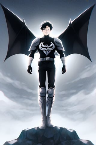 The animated version of Batman that belongs to the movie "Justice League x RWBY: Super Heroes & Huntsmen - Part 1" (He does have black hair, dark blue eyes, black pants, gray boots, gray metal knee pads, a gray breastplate with a black bat symbol on the front and underneath, a black long-sleeved t-shirt, black metal bat-shaped shoulder pads, gray armbands with 3 side blades on the sides, gloves blacks, a gray scarf, a gray utility belt and the age of 17), where Batman/Bruce Wayne is a "Bat Faunus" (Human being with two oversized black bat wings emerging from his back), in a landscape night with bats flying around.