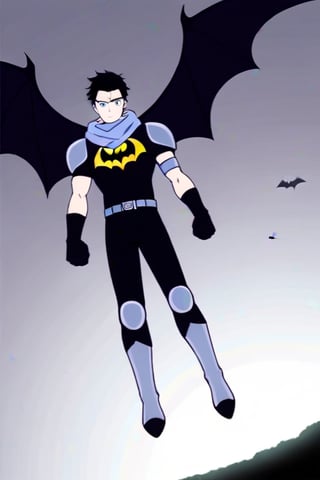 The animated version of Batman that belongs to the movie "Justice League x RWBY: Super Heroes & Huntsmen - Part 1" (He does have black hair, dark blue eyes, black pants, gray boots, gray metal knee pads, a gray breastplate with a black bat symbol on the front and underneath, a black long-sleeved t-shirt, black metal bat-shaped shoulder pads, gray armbands with 3 side blades on the sides, gloves blacks, a gray scarf, a gray utility belt and the age of 17), where Batman/Bruce Wayne is a "Bat Faunus" (Human being with two oversized black bat wings emerging from his back), in a landscape night with bats flying around..