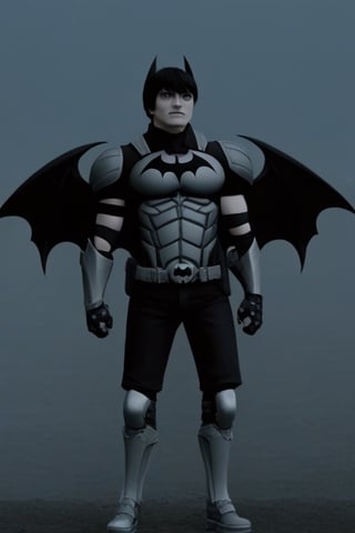 The animated version of Batman that belongs to the movie "Justice League x RWBY: Super Heroes & Huntsmen - Part 1" (He does have black hair, dark blue eyes, black pants, gray boots, gray metal knee pads, a gray breastplate with a black bat symbol on the front and underneath, a black long-sleeved t-shirt, black metal bat-shaped shoulder pads, gray armbands with 3 side blades on the sides, gloves blacks, a gray scarf, a gray utility belt and the age of 17), where Batman/Bruce Wayne is a "Bat Faunus" (Human being with two oversized black bat wings emerging from his back), in a landscape night.