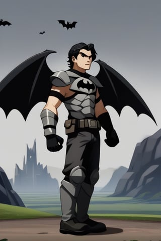 The animated version of Batman that belongs to the movie "Justice League x RWBY: Super Heroes & Huntsmen - Part 1" (He does have black hair, dark blue eyes, black pants, gray boots, gray metal knee pads, a gray breastplate with a black bat symbol on the front and underneath, a black long-sleeved t-shirt, black metal bat-shaped shoulder pads, gray armbands with 3 side blades on the sides, gloves blacks, a gray scarf, a gray utility belt and the age of 17), where Batman/Bruce Wayne is a "Bat Faunus" (Human being with two oversized black bat wings emerging from his back), in a landscape night.