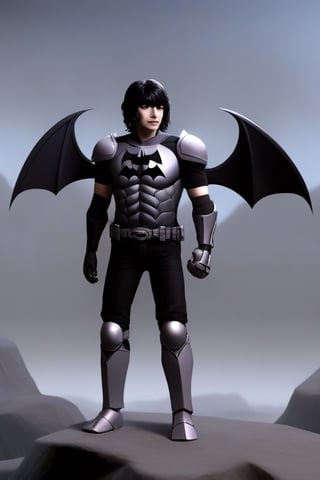 The animated version of Batman that belongs to the movie "Justice League x RWBY: Super Heroes & Huntsmen - Part 1" (He does have black hair, dark blue eyes, black pants, gray boots, gray metal knee pads, a gray breastplate with a black bat symbol on the front and underneath, a black long-sleeved t-shirt, black metal bat-shaped shoulder pads, gray armbands with 3 side blades on the sides, gloves blacks, a gray scarf, a gray utility belt and the age of 17), where Batman/Bruce Wayne is a "Bat Faunus" (Human being with two oversized black bat wings emerging from his back), in a landscape night.