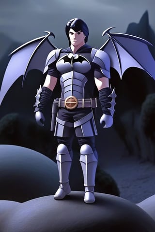 The animated version of Batman that belongs to the movie "Justice League x RWBY: Super Heroes & Huntsmen - Part 1" (He does have black hair, dark blue eyes, black pants, gray boots, gray metal knee pads, a gray breastplate with a black bat symbol on the front and underneath, a black long-sleeved t-shirt, black metal bat-shaped shoulder pads, gray armbands with 3 side blades on the sides, gloves blacks, a gray scarf, a gray utility belt and the age of 17), where Batman/Bruce Wayne is a "Bat Faunus" (Human being with two oversized black bat wings emerging from his back), in a landscape night.