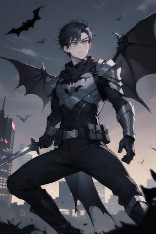 The animated version of Batman that belongs to the movie "Justice League x RWBY: Super Heroes & Huntsmen - Part 1" (He has black hair, dark blue eyes, black pants, gray boots with metal armor along them up to the knees, a gray breastplate with a black bat symbol on the chest and underneath, a black long-sleeved t-shirt, black metal bat-shaped shoulder pads, gray armbands with 3 side blades on the sides, black gloves, a gray scarf, a gray utility belt, 2 rapier type swords and the age of 17), where Batman/Bruce Wayne is a "Bat Faunus" (Human being with two huge black bat wings emerging from his back), in a landscape night with bats flying around.