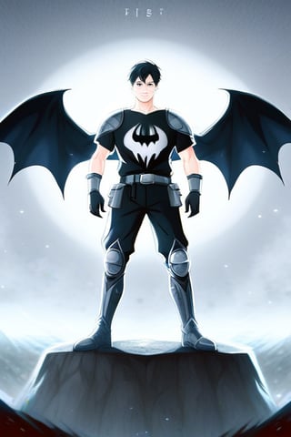 The animated version of Batman that belongs to the movie "Justice League x RWBY: Super Heroes & Huntsmen - Part 1" (He does have black hair, dark blue eyes, black pants, gray boots, gray metal knee pads, a gray breastplate with a black bat symbol on the front and underneath, a black long-sleeved t-shirt, black metal bat-shaped shoulder pads, gray armbands with 3 side blades on the sides, gloves blacks, a gray scarf, a gray utility belt and the age of 17), where Batman/Bruce Wayne is a "Bat Faunus" (Human being with two oversized black bat wings emerging from his back), in a landscape night with bats flying around.