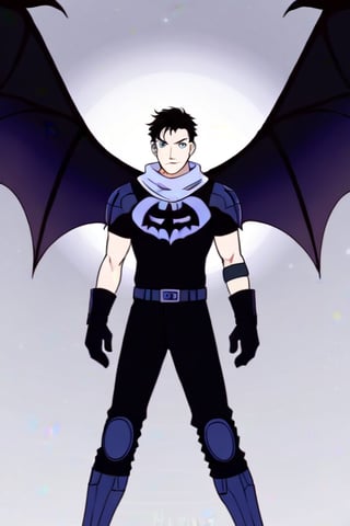 The animated version of Batman that belongs to the movie "Justice League x RWBY: Super Heroes & Huntsmen - Part 1" (He does have black hair, dark blue eyes, black pants, gray boots, gray metal knee pads, a gray breastplate with a black bat symbol on the front and underneath, a black long-sleeved t-shirt, black metal bat-shaped shoulder pads, gray armbands with 3 side blades on the sides, gloves blacks, a gray scarf, a gray utility belt and the age of 17), where Batman/Bruce Wayne is a "Bat Faunus" (Human being with two oversized black bat wings emerging from his back), in a landscape night with bats flying around..