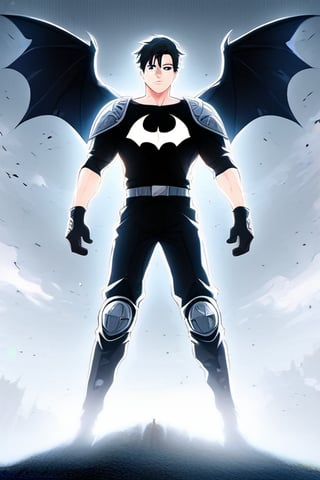 The animated version of Batman that belongs to the movie "Justice League x RWBY: Super Heroes & Huntsmen - Part 1" (He does have black hair, dark blue eyes, black pants, gray boots, gray metal knee pads, a gray breastplate with a black bat symbol on the front and underneath, a black long-sleeved t-shirt, black metal bat-shaped shoulder pads, gray armbands with 3 side blades on the sides, gloves blacks, a gray scarf, a gray utility belt and the age of 17), where Batman/Bruce Wayne is a "Bat Faunus" (Human being with two oversized black bat wings emerging from his back), in a landscape night with bats flying around,