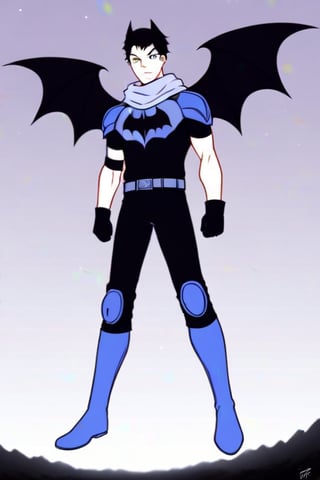 The animated version of Batman that belongs to the movie "Justice League x RWBY: Super Heroes & Huntsmen - Part 1" (He does have black hair, dark blue eyes, black pants, gray boots, gray metal knee pads, a gray breastplate with a black bat symbol on the front and underneath, a black long-sleeved t-shirt, black metal bat-shaped shoulder pads, gray armbands with 3 side blades on the sides, gloves blacks, a gray scarf, a gray utility belt and the age of 17), where Batman/Bruce Wayne is a "Bat Faunus" (Human being with two oversized black bat wings emerging from his back), in a landscape night with bats flying around..