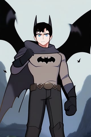 The animated version of Batman that belongs to the movie "Justice League x RWBY: Super Heroes & Huntsmen - Part 1" (He does have black hair, dark blue eyes, black pants, gray boots, gray metal knee pads, a gray breastplate with a black bat symbol on the front and underneath, a black long-sleeved t-shirt, black metal bat-shaped shoulder pads, gray armbands with 3 side blades on the sides, gloves blacks, a gray scarf, a gray utility belt and the age of 17), where Batman/Bruce Wayne is a "Bat Faunus" (Human being with two oversized black bat wings emerging from his back), in a landscape night.