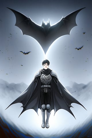 The animated version of Batman that belongs to the movie "Justice League x RWBY: Super Heroes & Huntsmen - Part 1" (He does have black hair, dark blue eyes, black pants, gray boots, gray metal knee pads, a gray breastplate with a black bat symbol on the front and underneath, a black long-sleeved t-shirt, black metal bat-shaped shoulder pads, gray armbands with 3 side blades on the sides, gloves blacks, a gray scarf, a gray utility belt and the age of 17), where Batman/Bruce Wayne is a "Bat Faunus" (Human being with two oversized black bat wings emerging from his back), in a landscape night with bats flying around.