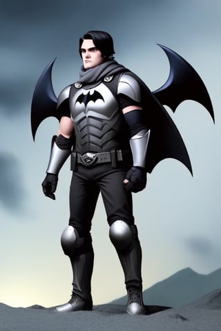 The animated version of Batman that belongs to the movie "Justice League x RWBY: Super Heroes & Huntsmen - Part 1" (He does have black hair, dark blue eyes, black pants, gray boots, gray metal knee pads, a gray breastplate with a black bat symbol on the front and underneath, a black long-sleeved t-shirt, black metal bat-shaped shoulder pads, gray armbands with 3 side blades on the sides, gloves blacks, a gray scarf, a gray utility belt and the age of 17), where Batman/Bruce Wayne is a "Bat Faunus" (Human being with two oversized black bat wings emerging from his back), in a landscape night.