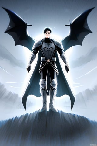 The animated version of Batman that belongs to the movie "Justice League x RWBY: Super Heroes & Huntsmen - Part 1" (He does have black hair, dark blue eyes, black pants, gray boots, gray metal knee pads, a gray breastplate with a black bat symbol on the front and underneath, a black long-sleeved t-shirt, black metal bat-shaped shoulder pads, gray armbands with 3 side blades on the sides, gloves blacks, a gray scarf, a gray utility belt and the age of 17), where Batman/Bruce Wayne is a "Bat Faunus" (Human being with two oversized black bat wings emerging from his back), in a landscape night with bats flying around.