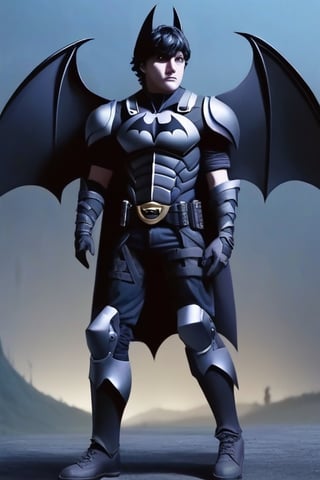 The animated version of Batman that belongs to the movie "Justice League x RWBY: Super Heroes & Huntsmen - Part 1" (He does have black hair, dark blue eyes, black pants, gray boots, gray metal knee pads, a gray breastplate with a black bat symbol on the front and underneath, a black long-sleeved t-shirt, black metal bat-shaped shoulder pads, gray armbands with 3 side blades on the sides, gloves blacks, a gray scarf, a gray utility belt and the age of 17), where Batman/Bruce Wayne is a "Bat Faunus" (Human being with two oversized black bat wings emerging from his back), in a landscape night.