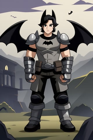 The animated version of Batman that belongs to the movie "Justice League x RWBY: Super Heroes & Huntsmen - Part 1" (He does have black hair, dark blue eyes, black pants, gray boots, gray metal knee pads, a gray breastplate with a black bat symbol on the front and underneath, a black long-sleeved t-shirt, black metal bat-shaped shoulder pads, gray armbands with 3 side blades on the sides, gloves blacks, a gray scarf, a gray utility belt and the age of 17), where Batman/Bruce Wayne is a "Bat Faunus" (Human being with two oversized black bat wings emerging from his back), in a landscape night.