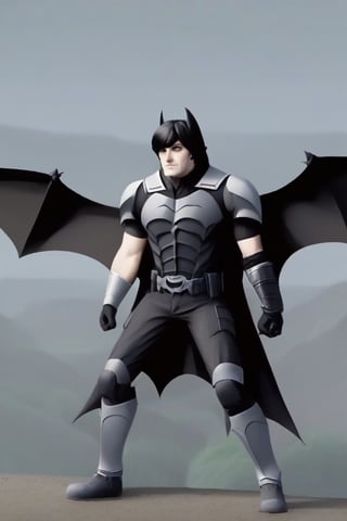 The animated version of Batman that belongs to the movie "Justice League x RWBY: Super Heroes & Huntsmen - Part 1" (He does have black hair, dark blue eyes, black pants, gray boots, gray metal knee pads, a gray breastplate with a black bat symbol on the front and underneath, a black long-sleeved t-shirt, black metal bat-shaped shoulder pads, gray armbands with 3 side blades on the sides, gloves blacks, a gray scarf, a gray utility belt and the age of 17), where Batman/Bruce Wayne is a "Bat Faunus" (Human being with two oversized black bat wings emerging from his back), in a landscape night.