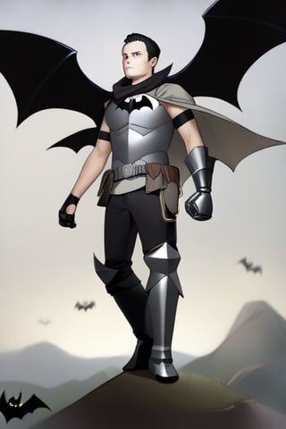 The animated version of Batman that belongs to the movie "Justice League x RWBY: Super Heroes & Huntsmen - Part 1" (He does have black hair, dark blue eyes, black pants, gray boots, gray metal knee pads, a gray breastplate with a black bat symbol on the front and underneath, a black long-sleeved t-shirt, black metal bat-shaped shoulder pads, gray armbands with 3 side blades on the sides, gloves blacks, a gray scarf, a gray utility belt and the age of 17), where Batman/Bruce Wayne is a "Bat Faunus" (Human being with two oversized black bat wings emerging from his back), in a landscape night.